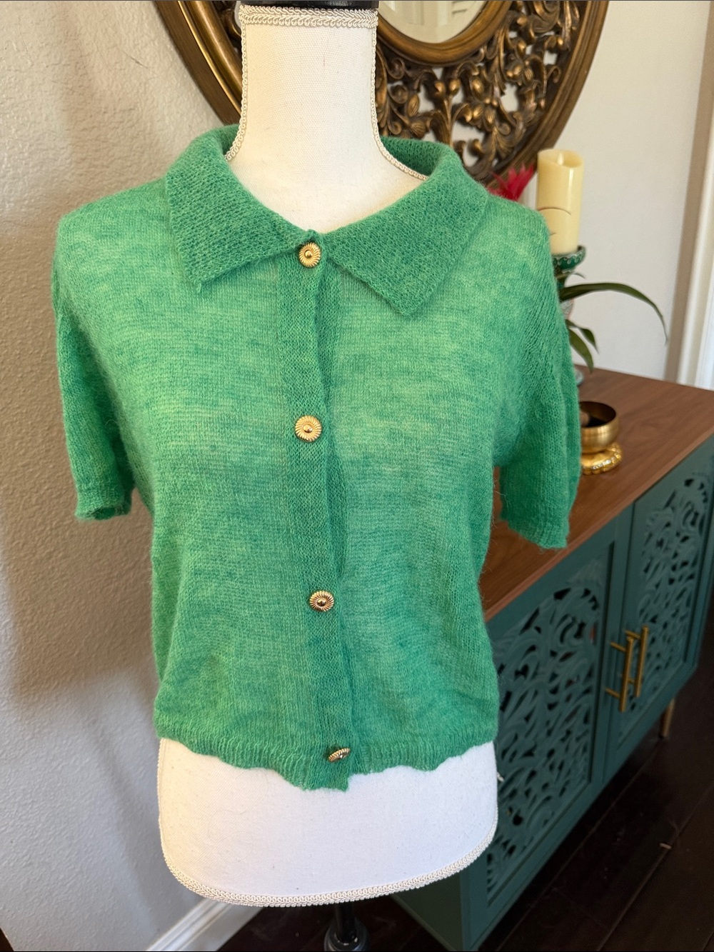 Soft Green Short-Sleeve Button Cardigan Sweater